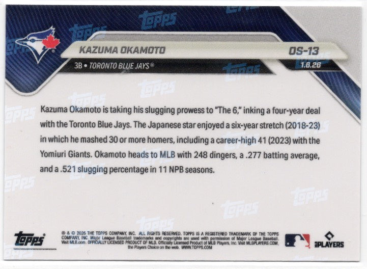 2025 Topps Now Kazuma Okamoto #OS13 Gold Foil /50 Toronto Blue Jays Rookie RC Baseball Card