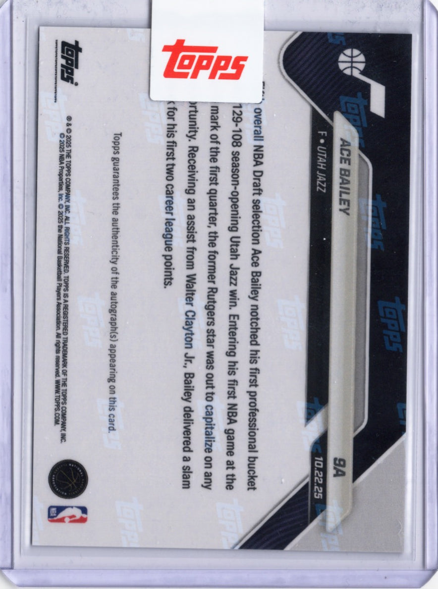 2025 Topps Now Ace Bailey #9A Black Foil Auto /10 Utah Jazz Rookie RC Basketball Card