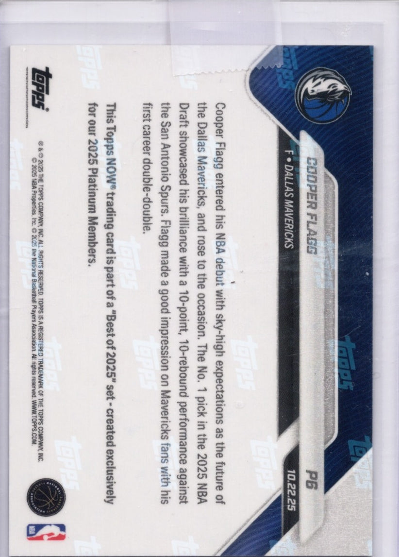 2025 Topps Now Cooper Flagg #P6 Platinum Member Dallas Mavericks Rookie RC Basketball Card