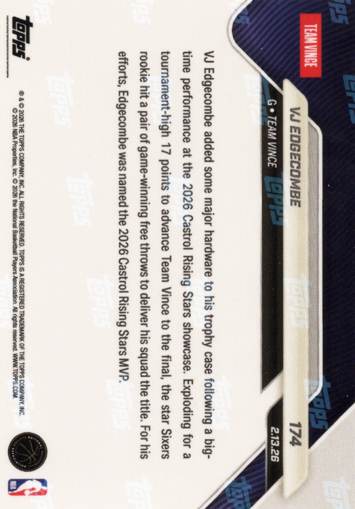 2025 Topps Now VJ Edgecombe #174 Orange Foil /25 Philadelphia 76ers Rookie RC Basketball Card