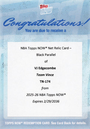 2025 Topps Now VJ Edgecombe #174 Black Net Relic /10 Redemption Philadelphia 76ers Rookie RC Basketball Card
