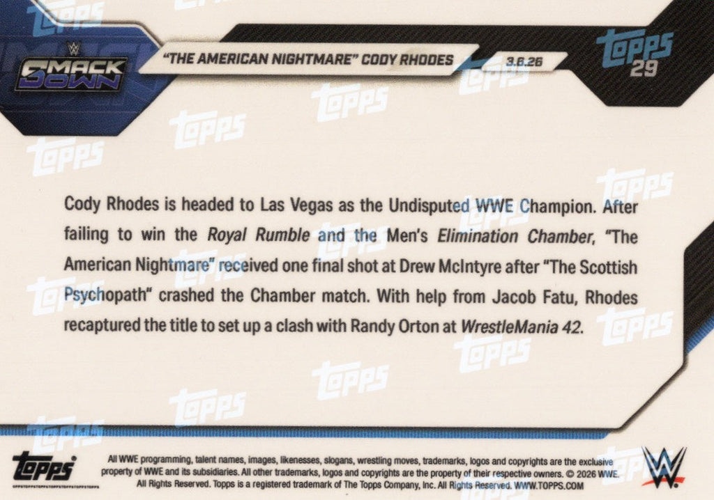 2026 Topps Now WWE Cody Rhodes #29 Black Foil /10 Wrestling Card