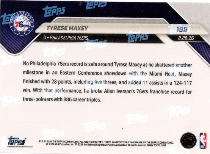 2025 Topps Now Tyrese Maxey #185 Gold Foil /50 Philadelphia 76ers Basketball Card
