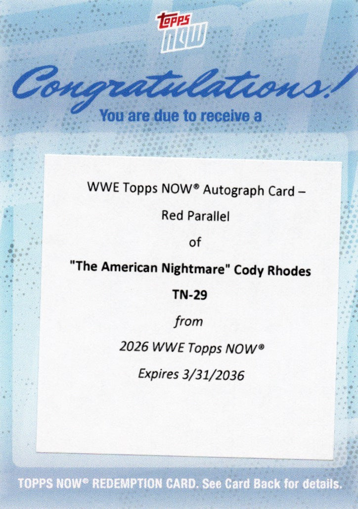 2026 Topps Now WWE Cody Rhodes #29 Red Auto /5 Redemption Wrestling Card