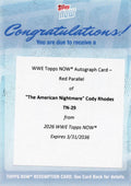 2026 Topps Now WWE Cody Rhodes #29 Red Auto /5 Redemption Wrestling Card