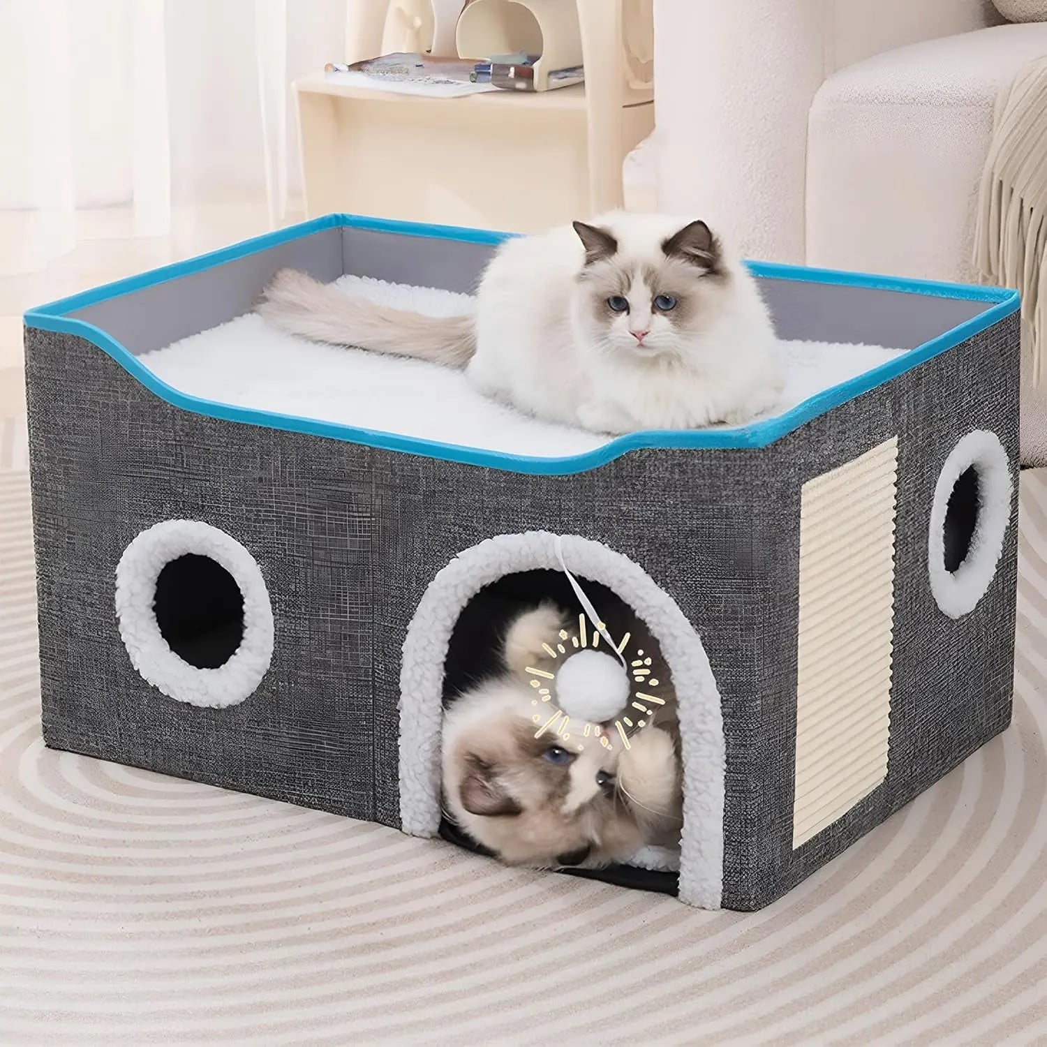 Foldable Indoor Cat House Cube – Bed, Scratch Pad & Toy Ball