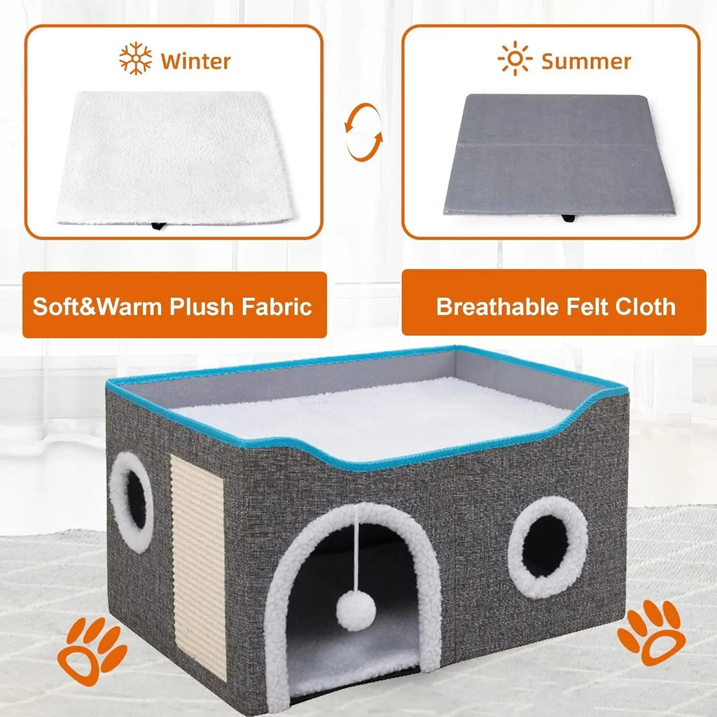 Foldable Indoor Cat House Cube – Bed, Scratch Pad & Toy Ball