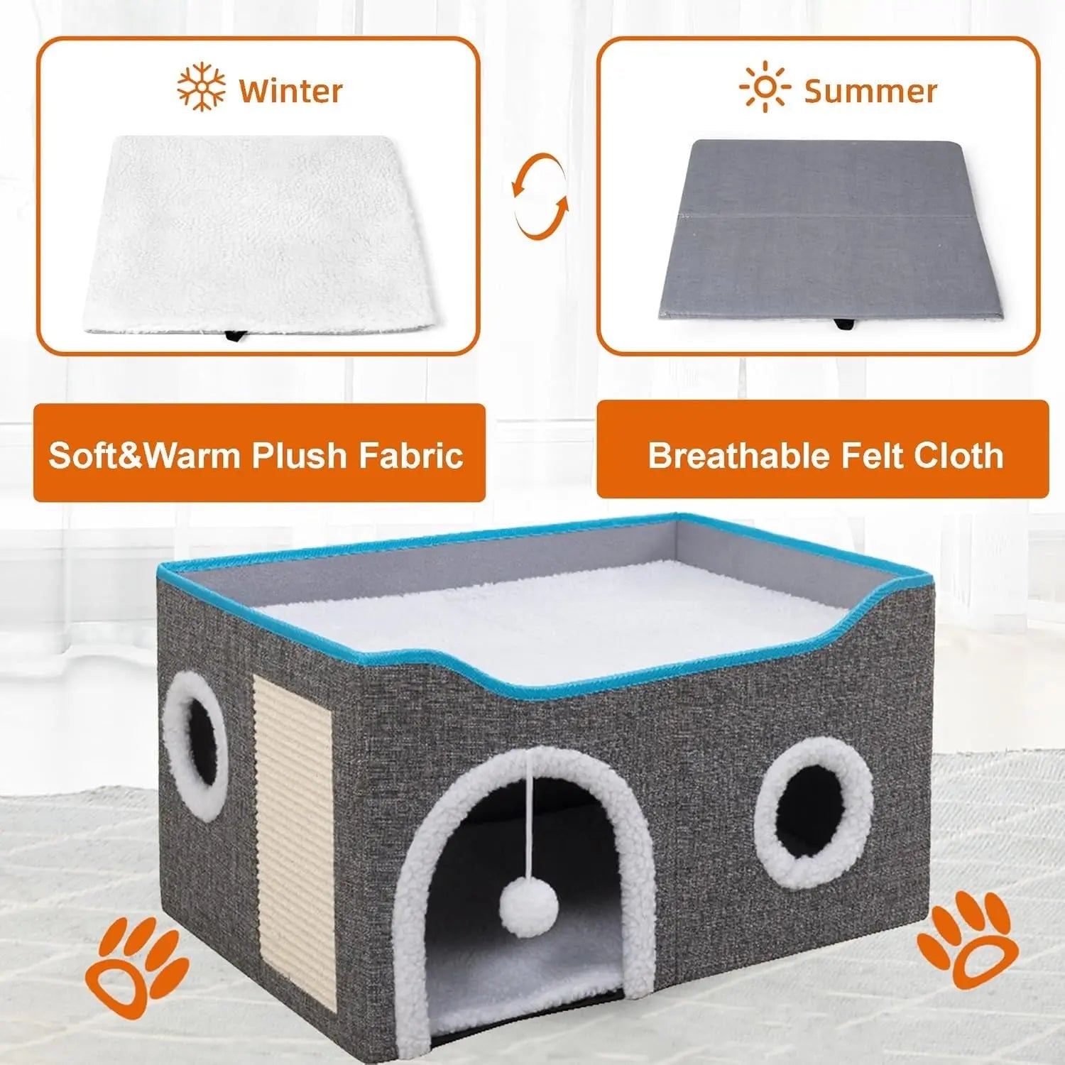 Foldable Indoor Cat House Cube – Bed, Scratch Pad & Toy Ball