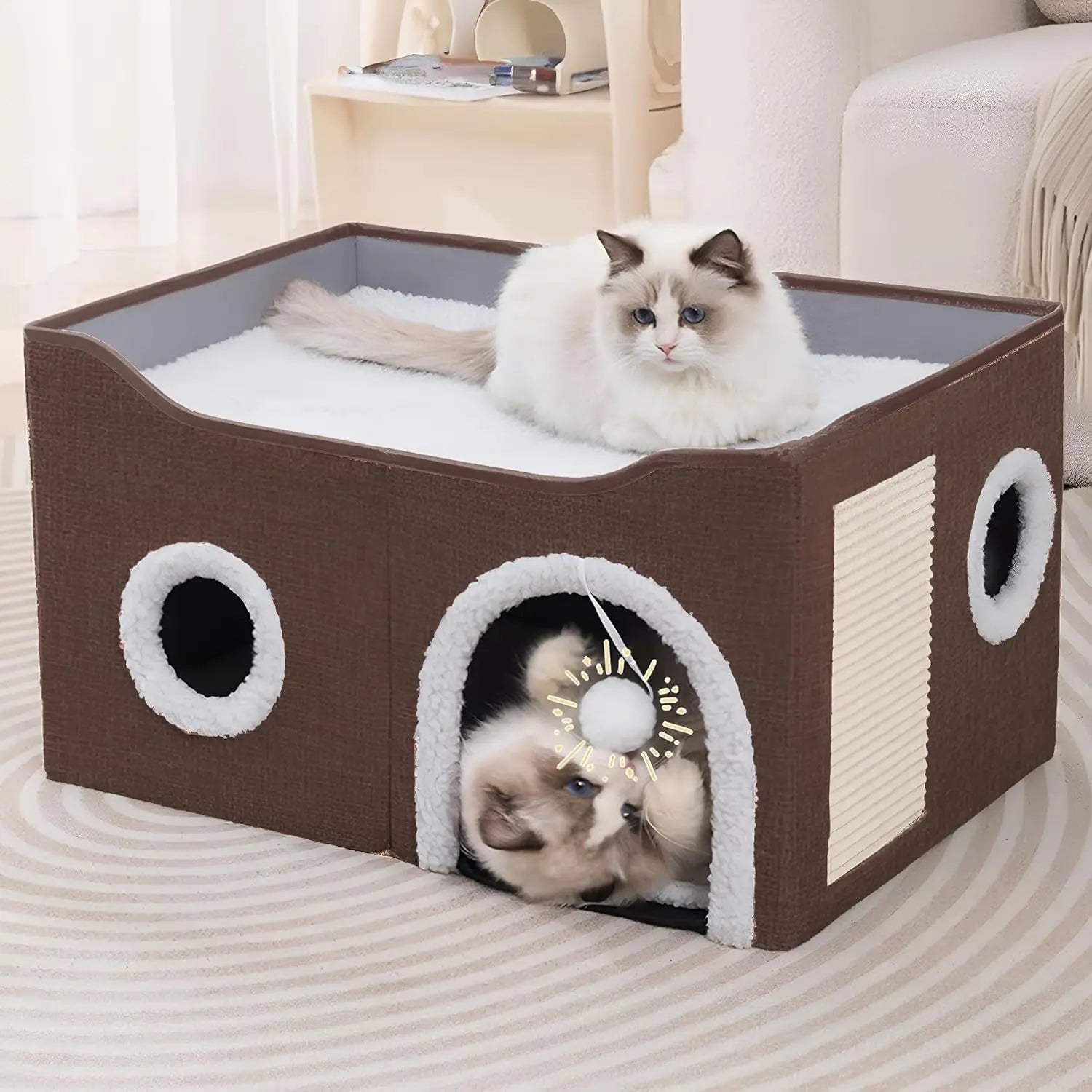 Foldable Indoor Cat House Cube – Bed, Scratch Pad & Toy Ball