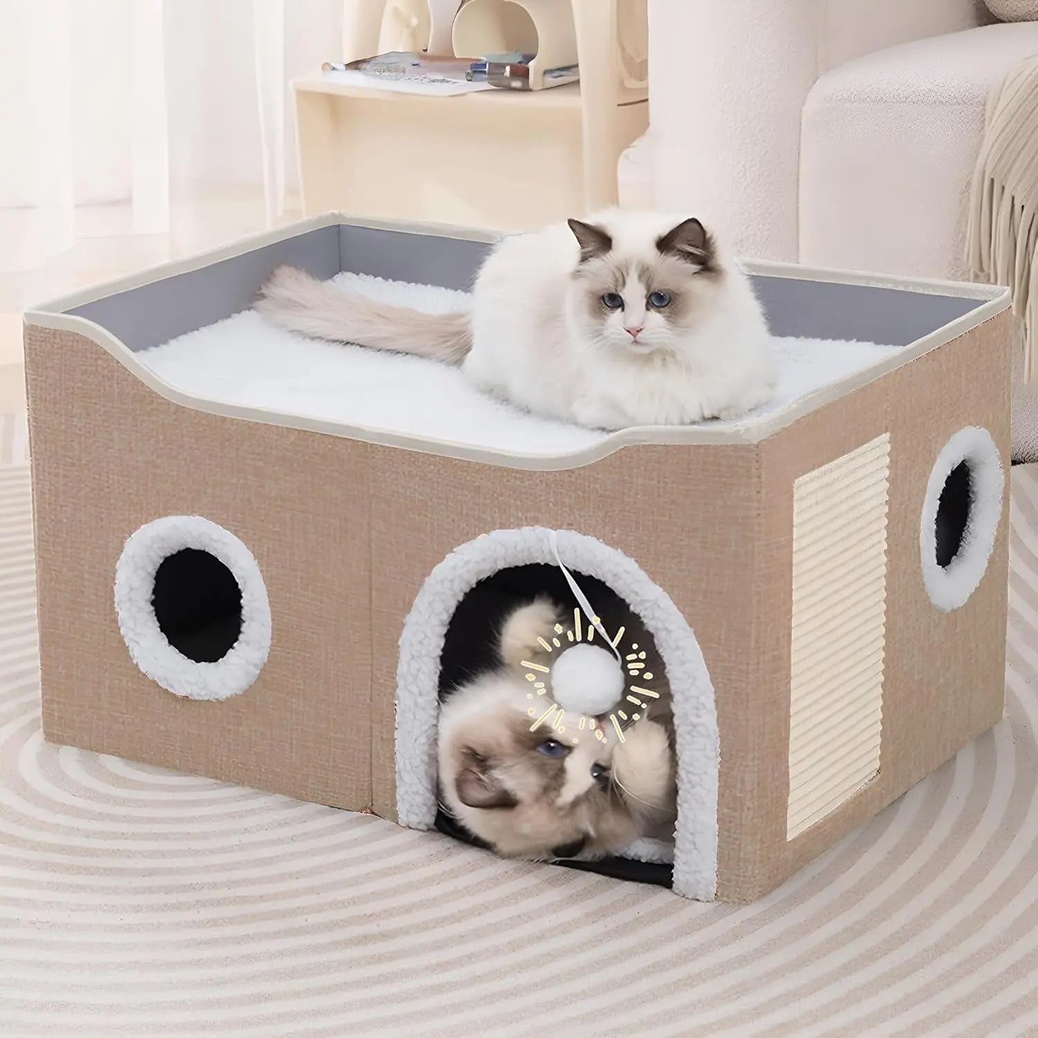 Foldable Indoor Cat House Cube – Bed, Scratch Pad & Toy Ball