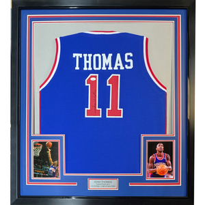 Framed Autographed/Signed Isiah Thomas 35x39 Detroit Blue Basketball Jersey Beckett BAS COA