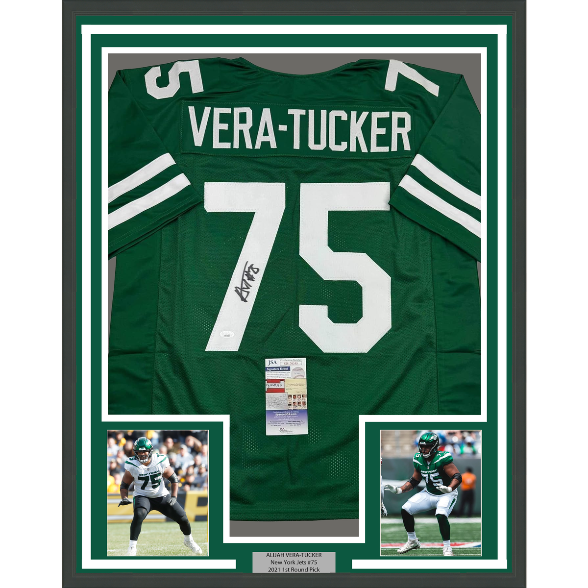 Framed Autographed/Signed Alijah Vera-Tucker 35x39 New York Green Football Jersey JSA COA