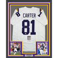 Framed Autographed/Signed Anthony Carter 35x39 Minnesota White Football Jersey JSA COA
