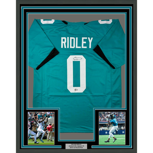 Framed Autographed/Signed Calvin Ridley 35x39 Jacksonville Teal Football Jersey Beckett BAS COA