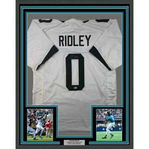 Framed Autographed/Signed Calvin Ridley 35x39 Jacksonville White Football Jersey Beckett BAS COA