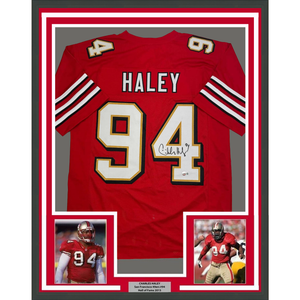 Framed Autographed/Signed Charles Haley 35x39 San Francisco Red Alternate Football Jersey JSA COA