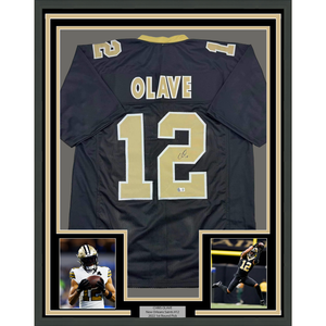 Framed Autographed/Signed Chris Olave 35x39 New Orleans Black Football Jersey Beckett BAS COA