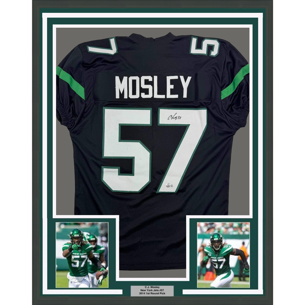 Framed Autographed/Signed CJ C.J. Mosley 35x39 New York Black Football Jersey Beckett BAS COA