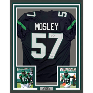 Framed Autographed/Signed CJ C.J. Mosley 35x39 New York Black Football Jersey Beckett BAS COA