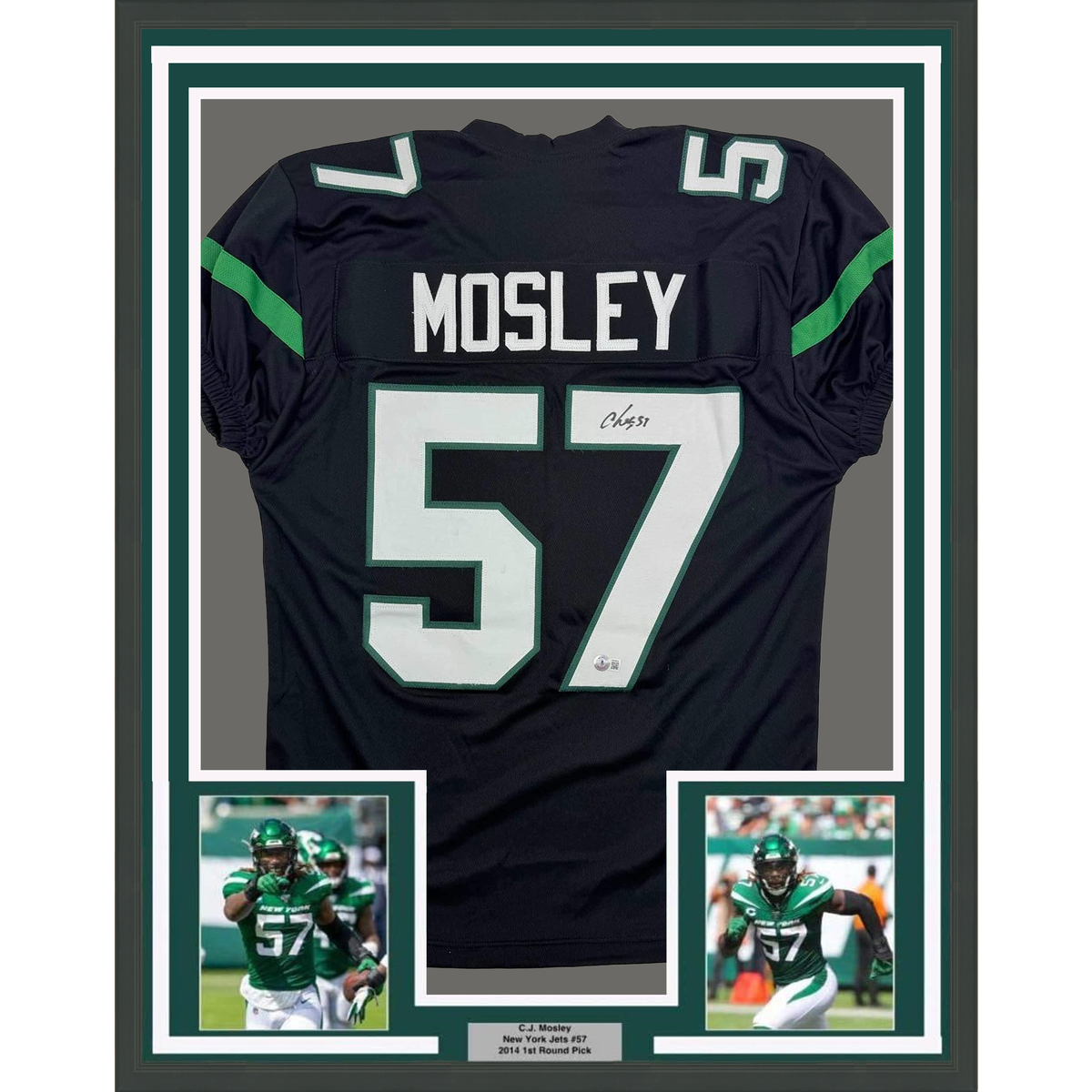 Framed Autographed/Signed CJ C.J. Mosley 35x39 New York Black Football Jersey Beckett BAS COA