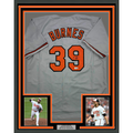 Framed Autographed/Signed Corbin Burnes 35x39 Baltimore Grey Baseball Jersey Beckett BAS COA