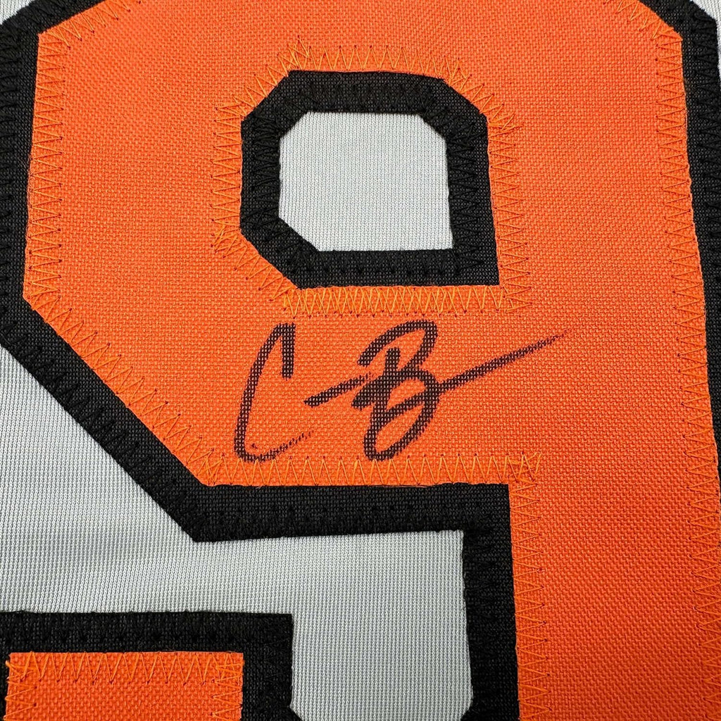 Framed Autographed/Signed Corbin Burnes 35x39 Baltimore Grey Baseball Jersey Beckett BAS COA