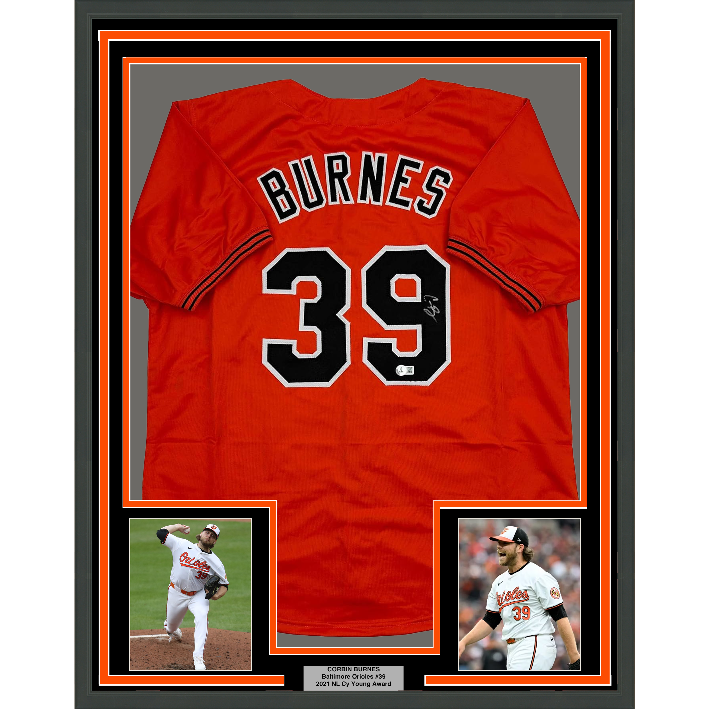 Framed Autographed/Signed Corbin Burnes 35x39 Baltimore Orange Baseball Jersey Beckett BAS COA