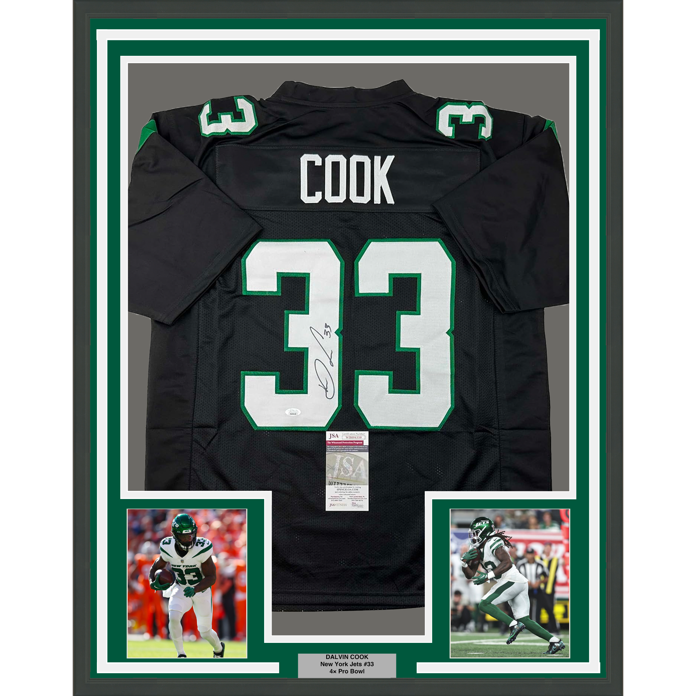 Framed Autographed/Signed Dalvin Cook 35x39 New York Black Football Jersey JSA COA
