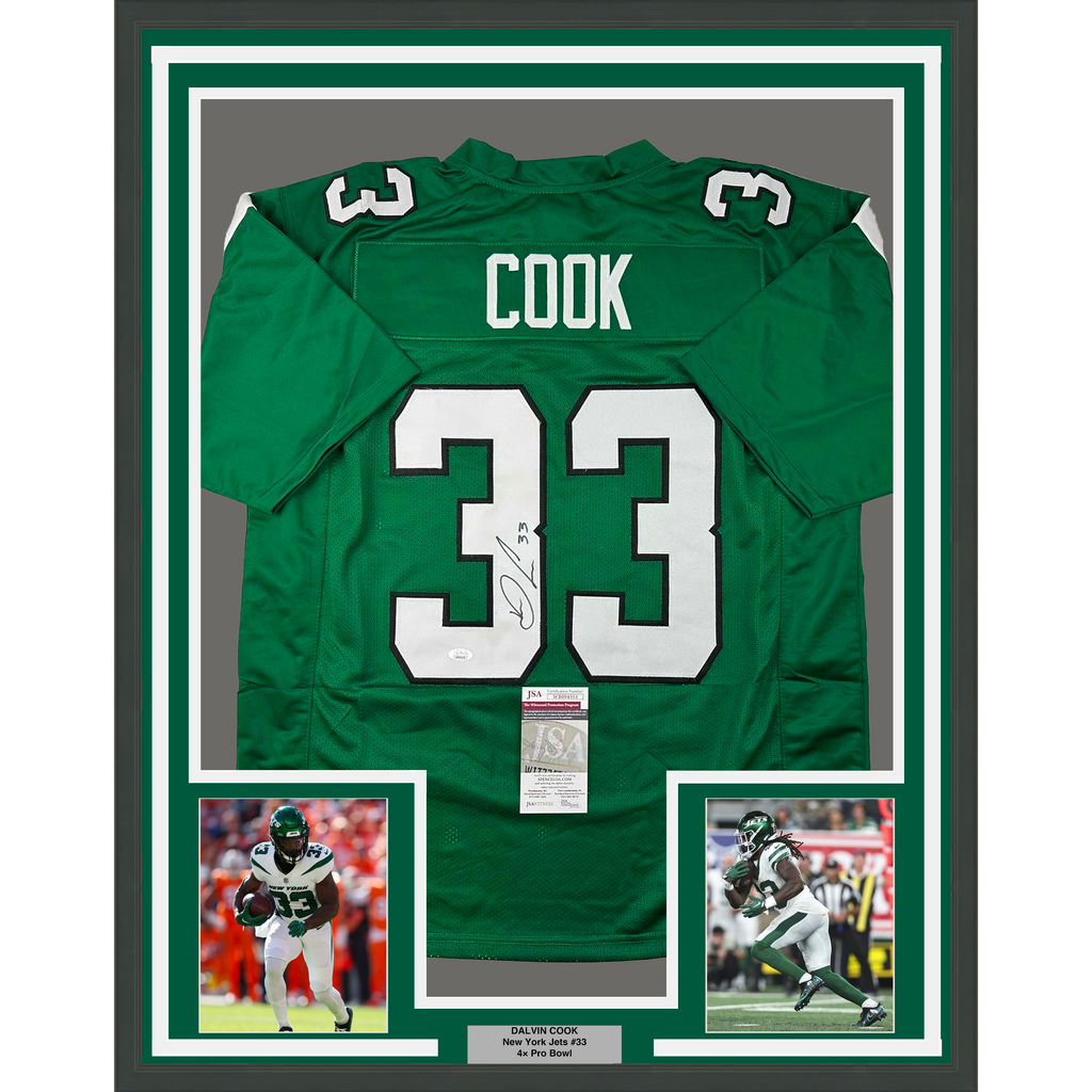 Framed Autographed/Signed Dalvin Cook 35x39 New York Green Football Jersey JSA COA