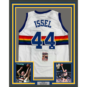 Framed Autographed/Signed Dan Issel 35x39 Denver White Retro Rainbow Basketball Jersey JSA COA