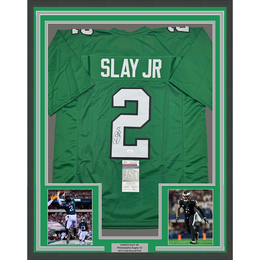 Framed Autographed/Signed Darius Slay Jr. 35x39 Philadelphia Kelly Green Football Jersey JSA COA