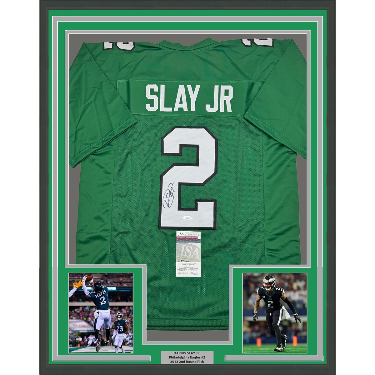 Framed Autographed/Signed Darius Slay Jr. 35x39 Philadelphia Kelly Green Football Jersey JSA COA