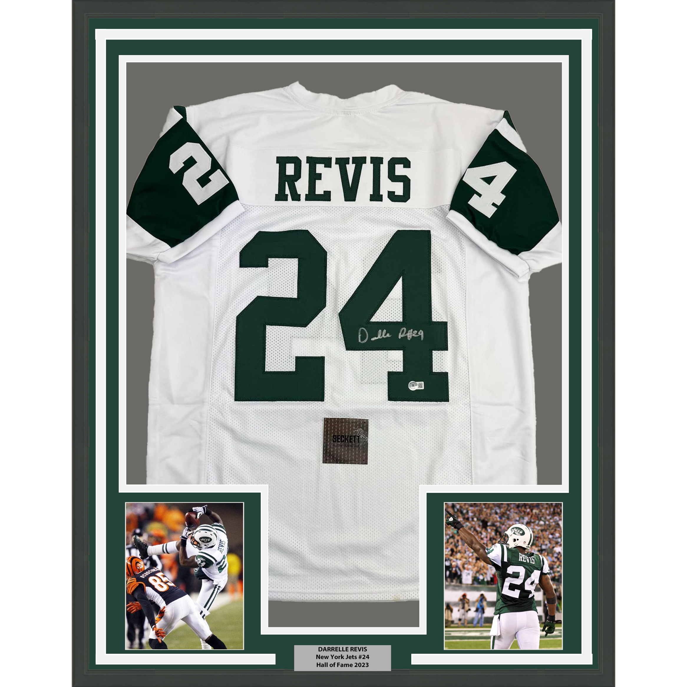 Framed Autographed/Signed Darrelle Revis 35x39 New York White Football Jersey Beckett BAS COA