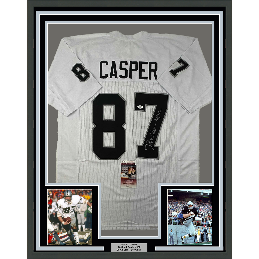 Framed Autographed/Signed Dave Casper 35x39 HOF 02 Oakland Las Vegas White Football Jersey JSA COA