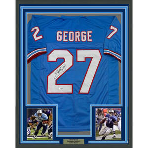 Framed Autographed/Signed Eddie George 35x39 Tennessee Retro Blue Football Jersey Beckett BAS COA