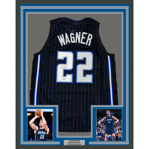 Framed Autographed/Signed Franz Wagner 35x39 Orlando Black Basketball Jersey Beckett BAS COA