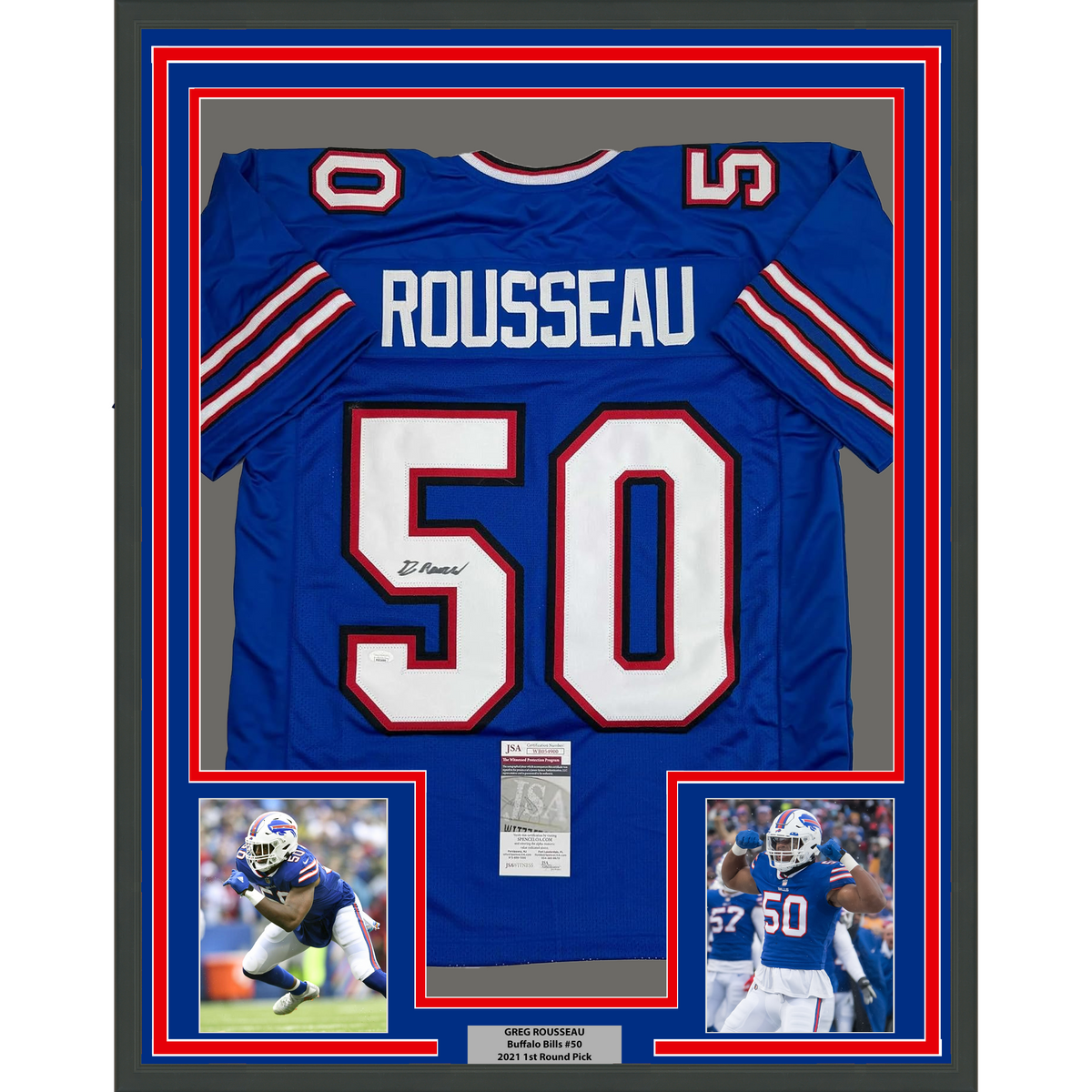 Framed Autographed/Signed Greg Rousseau 35x39 Buffalo Blue Football Jersey JSA COA
