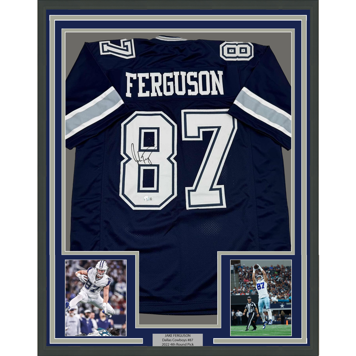 Framed Autographed/Signed Jake Ferguson 35x39 Dallas Blue Football Jersey Beckett BAS COA