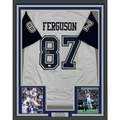 Framed Autographed/Signed Jake Ferguson 35x39 Dallas White Color Rush Football Jersey Beckett BAS COA
