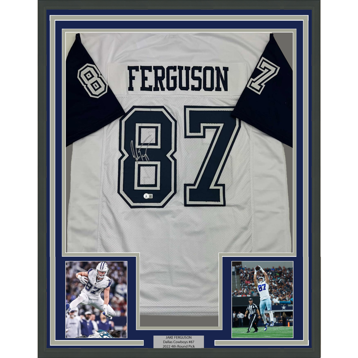 Framed Autographed/Signed Jake Ferguson 35x39 Dallas White Color Rush Football Jersey Beckett BAS COA