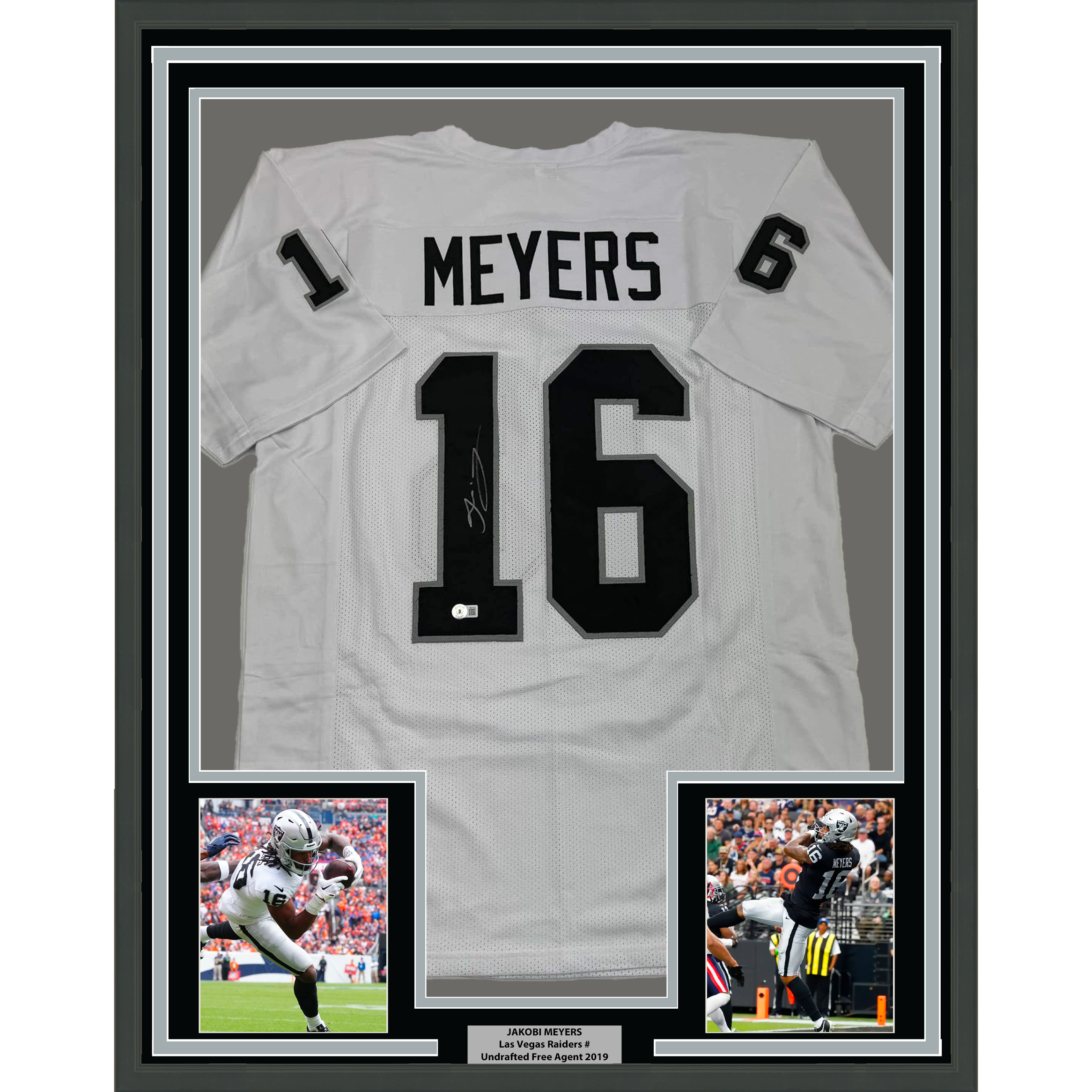 Framed Autographed/Signed Jakobi Meyers 35x39 Las Vegas Oakland White Football Jersey Beckett BAS COA
