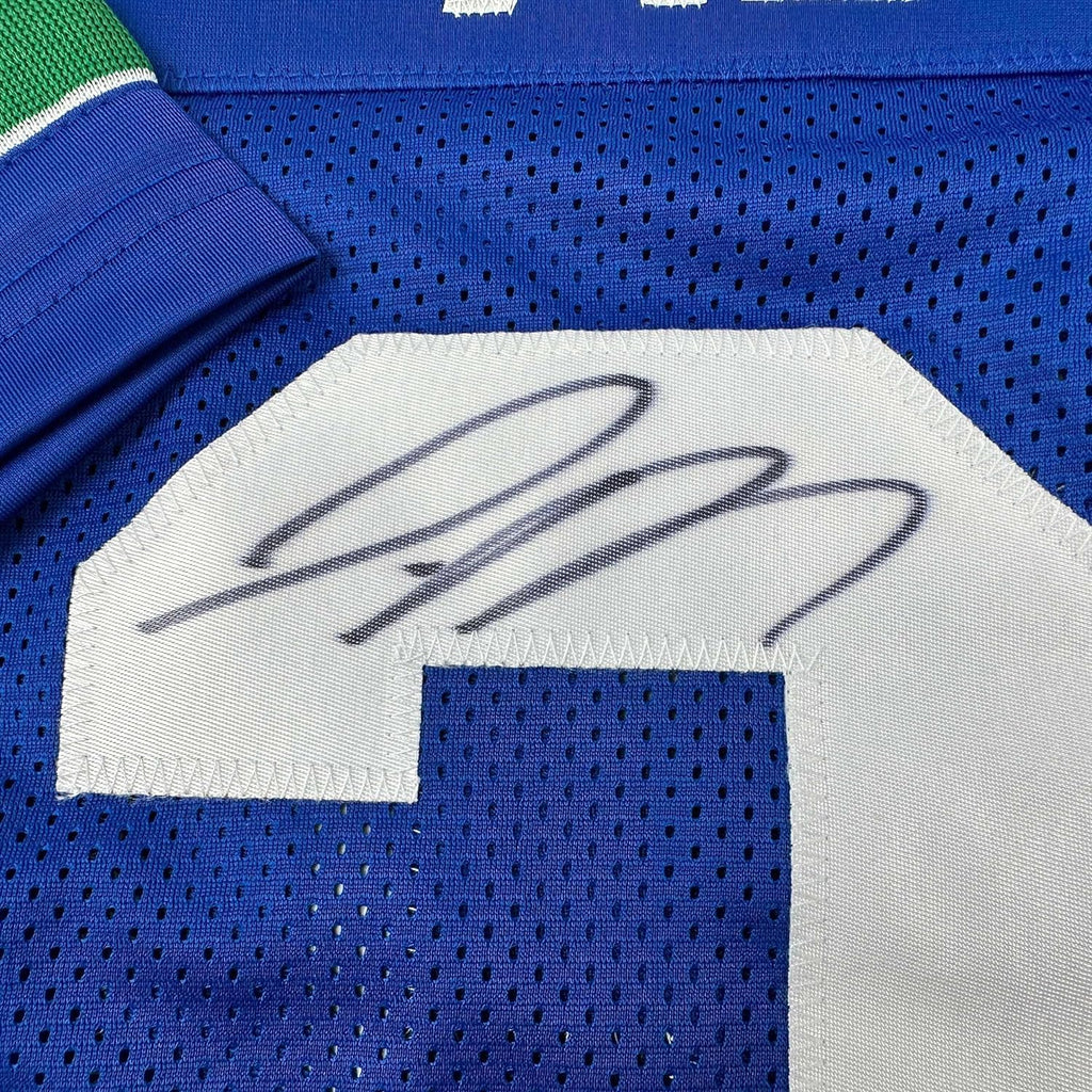 Framed Autographed/Signed Jamal Adams 35x39 Seattle Retro Blue Football Jersey JSA COA