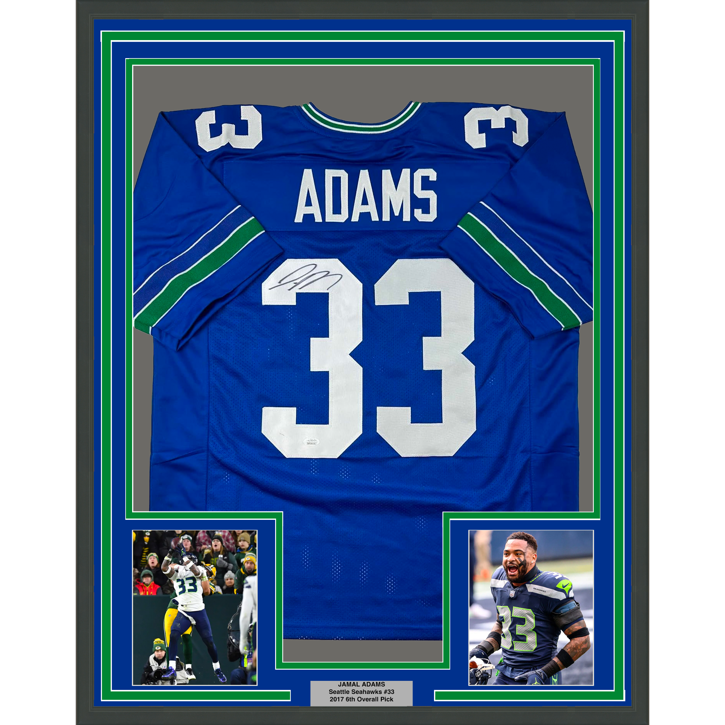 Framed Autographed/Signed Jamal Adams 35x39 Seattle Retro Blue Football Jersey JSA COA
