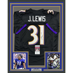 Framed Autographed/Signed Jamal Lewis 35x39 Baltimore Black Football Jersey Beckett BAS COA