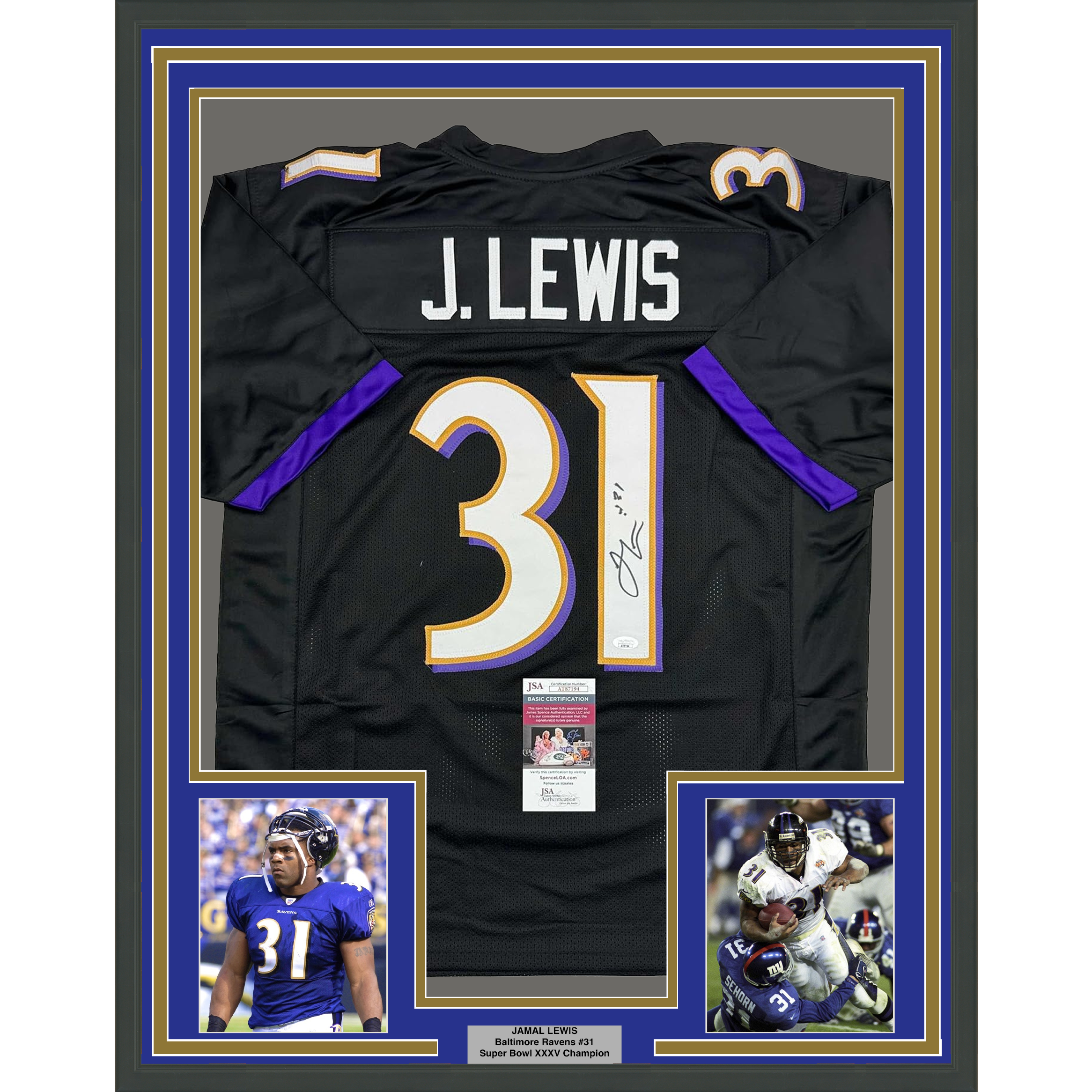 Framed Autographed/Signed Jamal Lewis 35x39 Baltimore Black Football Jersey Beckett BAS COA
