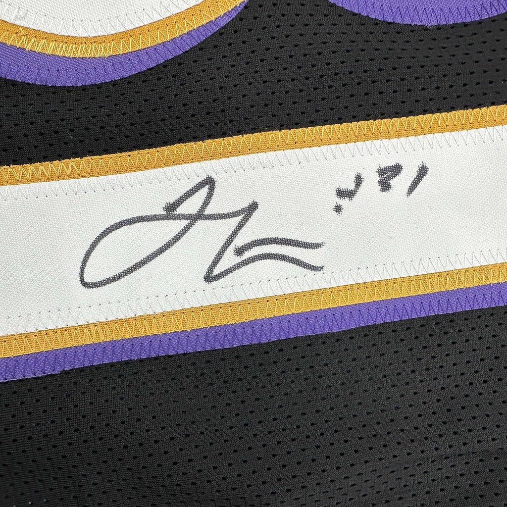 Framed Autographed/Signed Jamal Lewis 35x39 Baltimore Black Football Jersey Beckett BAS COA