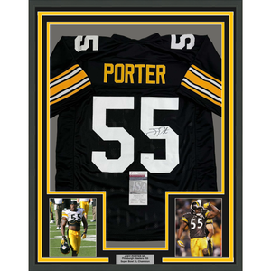 Framed Autographed/Signed Joey Porter Sr. 35x39 Pittsburgh Black Football Jersey JSA COA #2