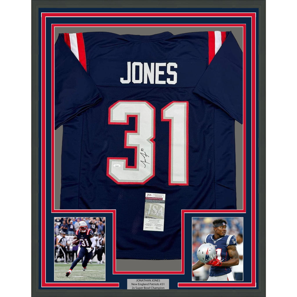 Framed Autographed/Signed Jonathan Jones 35x39 New England Blue Football Jersey JSA COA