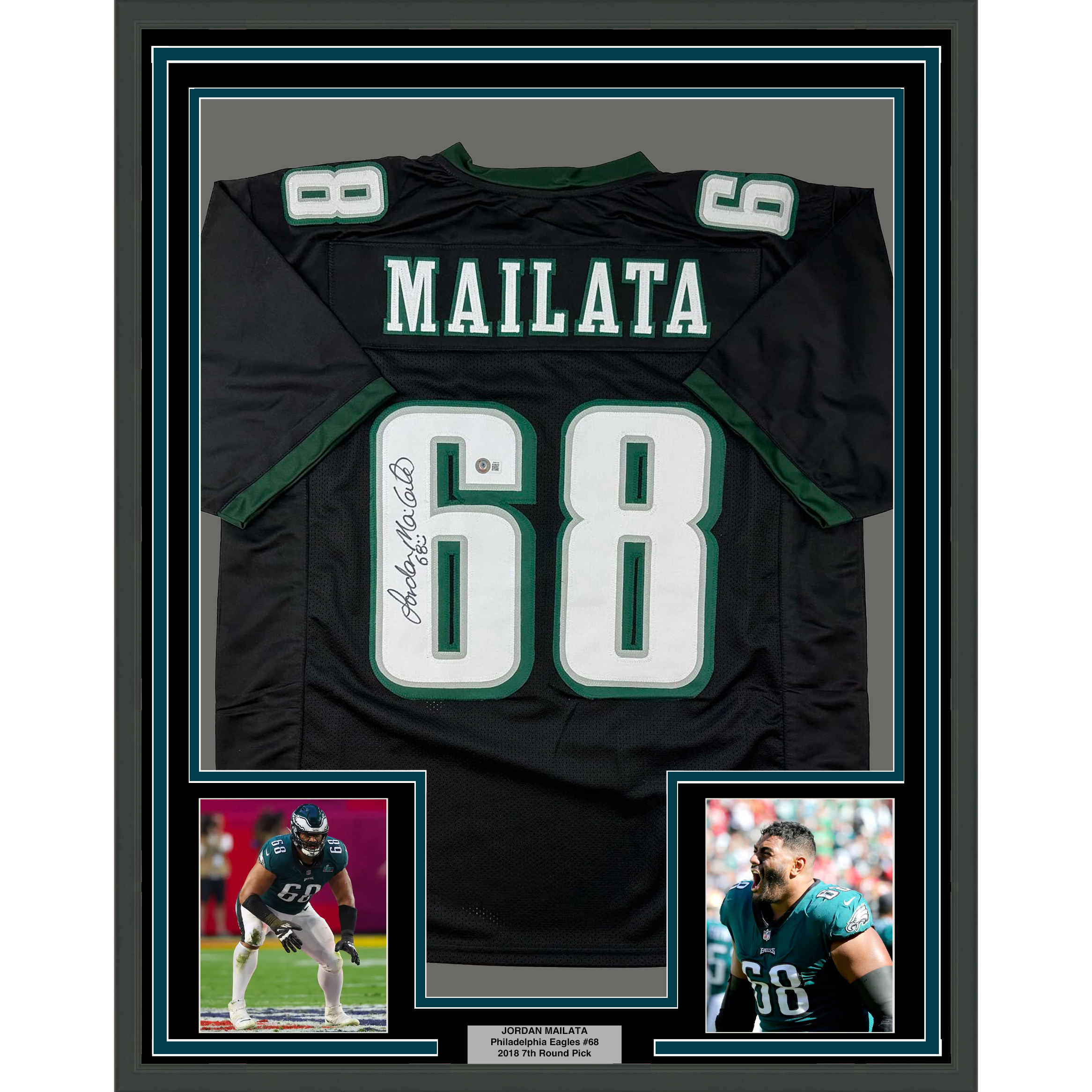 Framed Autographed/Signed Jordan Mailata 35x39 Philadelphia Black Football Jersey Beckett BAS COA