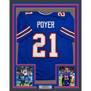 Framed Autographed/Signed Jordan Poyer 35x39 Buffalo Blue Football Jersey Beckett BAS COA